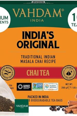 VAHDAM, India's Original Masala Chai Tea Bags (100 Count) No Added Flavoring | Blended w/Exotic Spices | Whole Leaf Tea Bags | Resealable Ziplock Pouch