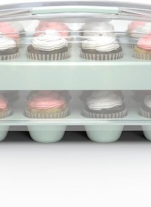Cupcake Carrier, Green Cupcake Holder Carries 24 Standard-Size Cupcakes, Muffin Traveler Two Tier Stand Reusable Cupcake Box