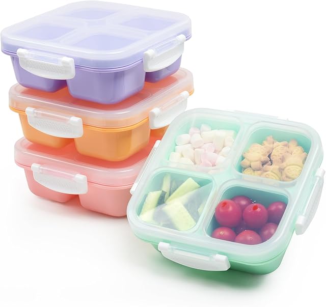 4-pack Small Snackle Box Container Dishwasher Safe Bpa Free 4 Compartments Snack Containers for Travel Road Trip Kids School Adult Work
