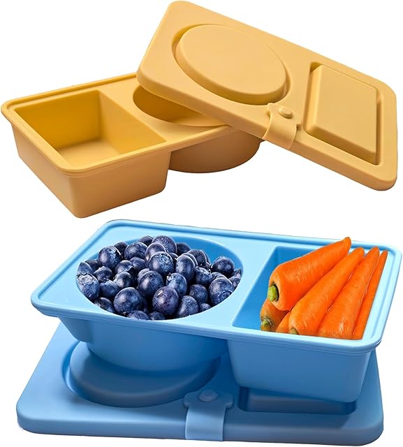 2Pack small Silicone Snack Containers - Reusable Double Compartment Condiment Box with Lids for Adults Kids, Grab and Go Divided Snack Food Storage Containers Sauce Cups for Travel, School and Camping