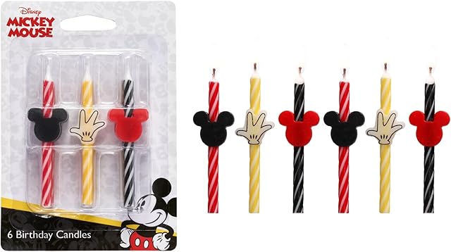 Disney's Mickey Mouse Birthday Cake Candles | 6 Birthday Candles for Cake Decorations, Red, Yellow & Black Stripe Candles for Mickey Mouse Party