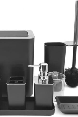 Black Bathroom Accessories Set,8-Piece with Trash Can,Soap Dispenser,Toothbrush Holder,Toothbrush Cup,Vanity Tray,Soap Dish,Toilet Brush and Clear Clear Plastic Qtip Holder