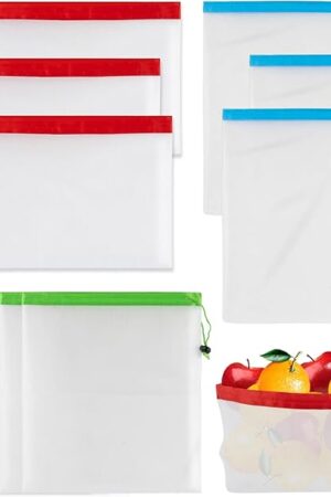 12PCS Reusable Produce Bags - Mesh Produce Bags Drawstring Reusable Washable Vegetable Storage Bags Refrigerator Keep Fresh Grocery Food Fruits Veggie Green Net Bag Toy Storage Zero Waste Shop