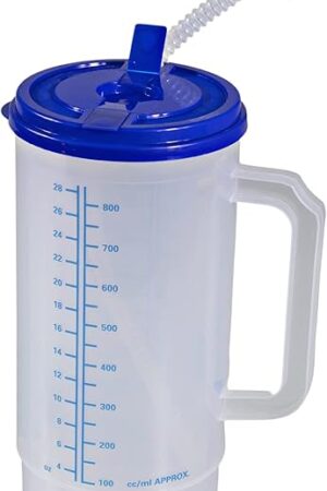 Vakly Hospital Carafe Insulated Double-Walled Water Bottle Thermos – 32 oz capacity (Graduated up to 28 oz) Hot and Cold Refillable – With Flexible Straw and Pouring/Sipping Spout (32 OZ [1 Pack])