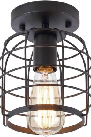 Create For Life® Industrial Vintage Flush Mount Ceiling Light,Rustic Metal Cage Pendant Lighting Lamp Fixture for Hallway Stairway Kitchen Garage, E26, Black Painting Finish