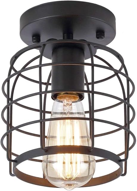 Create For Life® Industrial Vintage Flush Mount Ceiling Light,Rustic Metal Cage Pendant Lighting Lamp Fixture for Hallway Stairway Kitchen Garage, E26, Black Painting Finish