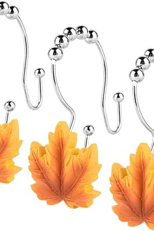 Double Shower Curtain Hooks,12pcs Maple Leaf Shower Curtain Rings Roller Balls Easy Gliding,Sturdy Rustproof Hooks AutumnFall Decor for Bathroom