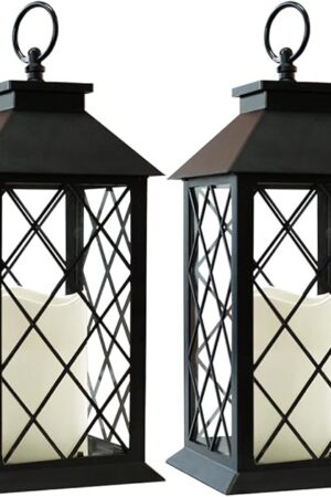 Bright Zeal 2-Pack 13.5" Vintage Candle Lantern with LED Pillar Candle (Black, 6hr Timer) - IP44 Waterproof Battery Powered Candle Lantern - Outdoor Patio Hanging Lantern Decorative Tabletop Lantern