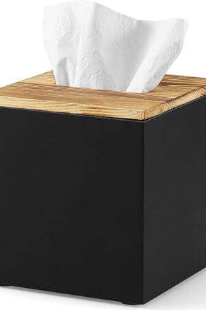 Black Tissue Box Cover Square - Wooden Tissue Box Holder - Decorative Cube Facial Tissue Dispenser for Vanity Toilet Tank Dresser Nights Stand Kitchen Table Office Countertop