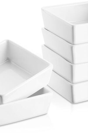 DOWAN Creme Brulee Ramekins 6 oz Oven Safe, Small Ceramic Square Ramekin, Custard Cups Souffle Baking Dish, Dipping Bowls Soy Sauce Dish Appetizer Plates, Set of 6, Soft White