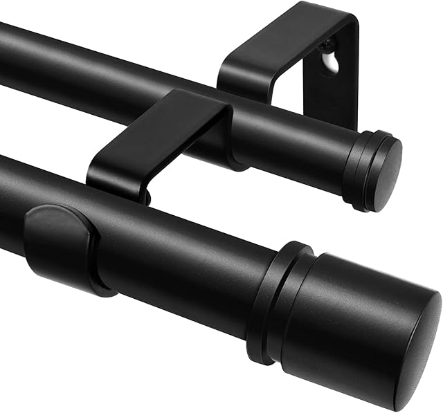 Double Curtain Rod 72 to 144 Inch, HOTOZON 1 Inch Telescoping Double Curtain Rods for Windows, Heavy Duty Double Drapery Rod with Simple Cap Finials, Black