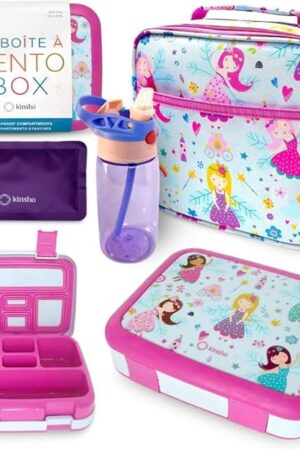 Bento Box, Lunch Bag, Ice Pack Water Bottle Set for Kids - 5 Compartments, Removable Tray, Lunches or Snack Container Girls Toddlers Daycare Pre-School, Kindergarten Pink Purple Fairy Princess