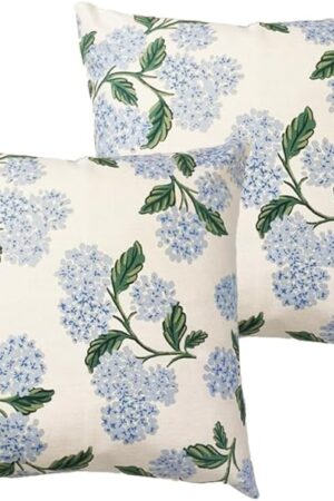 Btyrle Blue Hydrangea Flower Throw Pillow Covers 18x18 Inch Set of 2 Decorative Farmhouse Cotton Linen Floral Pillowcases Square Blue Floral Cushion Covers for Couch Sofa, Cream White