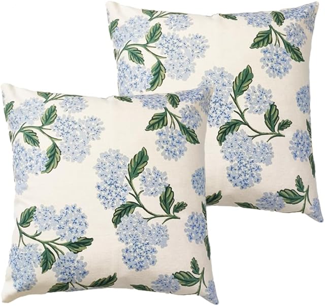 Btyrle Blue Hydrangea Flower Throw Pillow Covers 18x18 Inch Set of 2 Decorative Farmhouse Cotton Linen Floral Pillowcases Square Blue Floral Cushion Covers for Couch Sofa, Cream White