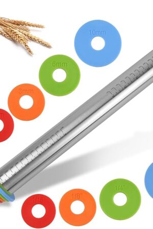Adjustable Rolling Pin with 4 Thickness Rings for Baking, 17? Stainless Steel Dough Roller with Clear Measurement Markings for Pizza, Fondant, Pie, Cookies, Baking Supplies, Pastry, Pasta