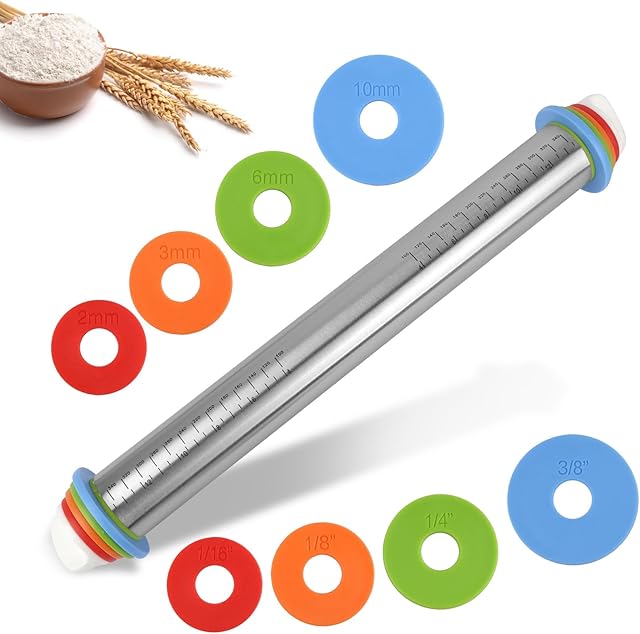Adjustable Rolling Pin with 4 Thickness Rings for Baking, 17? Stainless Steel Dough Roller with Clear Measurement Markings for Pizza, Fondant, Pie, Cookies, Baking Supplies, Pastry, Pasta