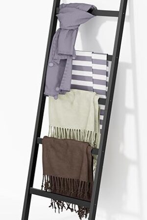 WTZ Bamboo Blanket Ladder, 5-Layer Towel Racks, Blanket Holder with Anti-Slip Construction Home Decor, Decorative Blanket, Quilt, Towel, Scarf Ladder Shelves for Livingroom, Bedroom, Bathroom, Black