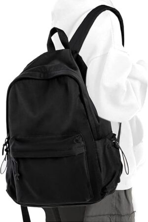 Black School Backpack for Girls Women Waterproof High School Book Bag Cute Backpack for Men Teens Boys, Lightweight Simple Middle School Back Pack Daypack