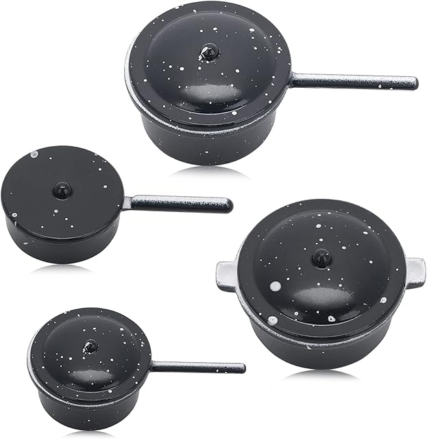 The Dollhouse Kitchen Cookware Set, 4pc Miniature Metal Pots & Pans Decoration Accessories
