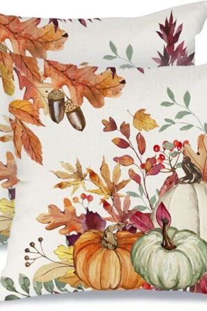 AACORS Fall Pillow Covers 18x18 Set of 2,Pumpkins Maple Leaves Decorations Floral Farmhouse Autumn Thanksgiving Throw Pillow Case Decor for Home Sofa Couch AA559-18-2