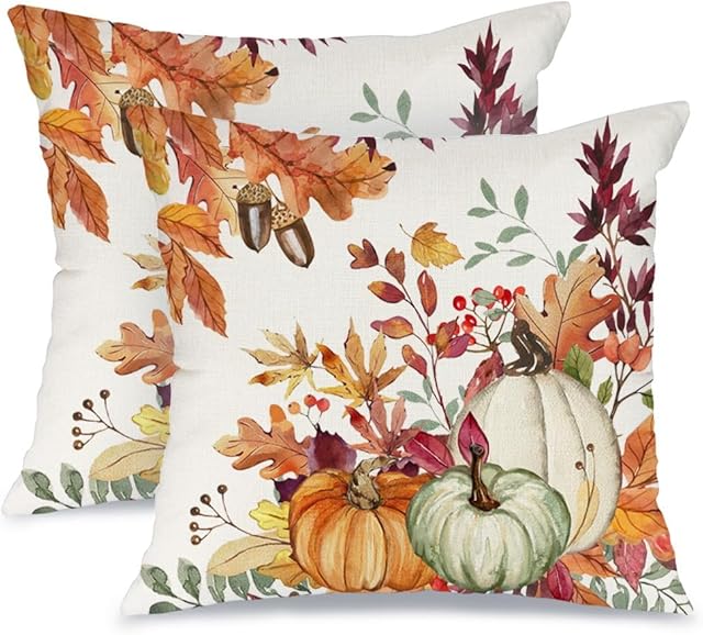 AACORS Fall Pillow Covers 18x18 Set of 2,Pumpkins Maple Leaves Decorations Floral Farmhouse Autumn Thanksgiving Throw Pillow Case Decor for Home Sofa Couch AA559-18-2