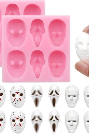 2 Pcs Halloween Chocolate Mold Pink Silicone Molds Halloween Theme Food Grade Chocolate Candy Moulds 3D Skull Scary Movie Characters Designs Homemade Prank Chocolate Mold for Halloween Party Decor