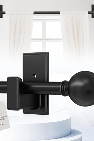 Black Curtain Rods No Drilling-Adjustable No Drill Curtain Rods for Windows 32-45 Inch with Adhesive Brackets for Bedroom Apartment Renter Friendly 5/8" Small Door Cafe Single Rod Easy Install