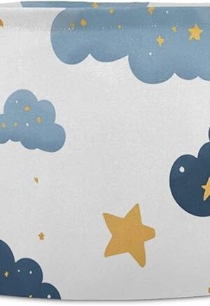 Clouds and Stars Round Laundry Hamper Storage Basket, Round Toy Storage Basket, Organizer Bins with Handles, Organizer Hamper