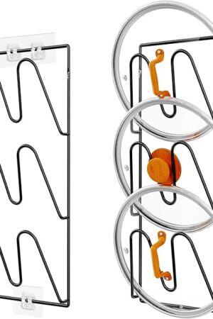 2 Pack Pot Lid Organizer Rack, 6-Tier Pot Lids Holder for Cabinet Door/Wall, No Drilling Adhesive Wall/Door Mounted Rustproof Pot and Pan Cover for Kitchen Storage, Classic Black