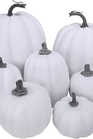 7 Pcs Assorted Sizes Fall Artificial Pumpkins Harvest Pumpkins Faux Foam Pumpkins for Fall Autumn Season Halloween Thanksgiving Harvest Holiday Season Festive Tabletop Decoration (White)