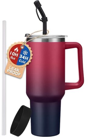 40 oz Tumbler with Handle and Straw Spout Lid - 100% Leak-proof Travel Coffee Cup, BPA Free Metal Mug, Vacuum Insulated Water Bottle- (Cold-34H & Hot-10H), Straw Cover, Silicone Boot