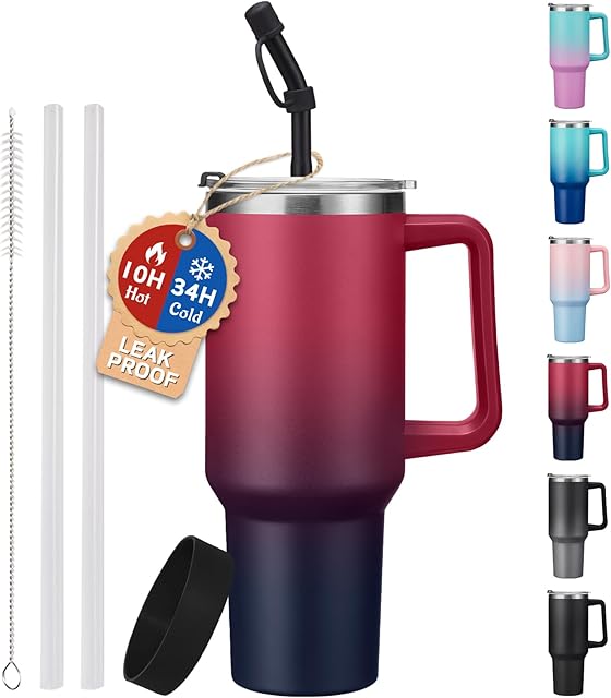 40 oz Tumbler with Handle and Straw Spout Lid - 100% Leak-proof Travel Coffee Cup, BPA Free Metal Mug, Vacuum Insulated Water Bottle- (Cold-34H & Hot-10H), Straw Cover, Silicone Boot