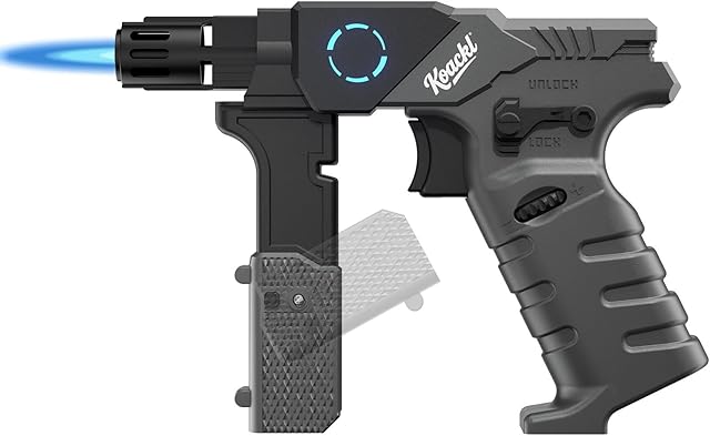 Butane Torch - Foldable Grip Kitchen Butane Torch with Safety Lock & Blue Light, Creme Brulee Torch for Cooking, BBQ & Soldering (Butane Not Included)
