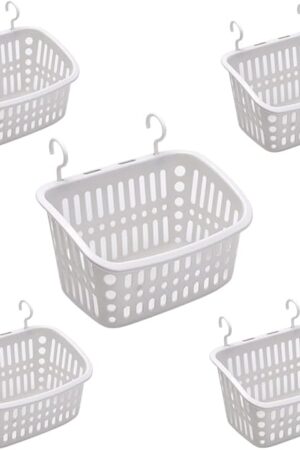 5PCS Plastic Hanging Baskets for Shower, Hanging Basket Organizer with Hooks, Rectangle 10.6Inches Small Hanging Storage Basket (Grey)