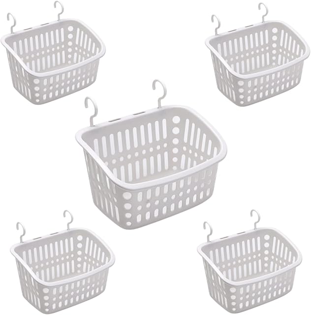 5PCS Plastic Hanging Baskets for Shower, Hanging Basket Organizer with Hooks, Rectangle 10.6Inches Small Hanging Storage Basket (Grey)