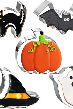 5-PIECE Halloween Cookie Cutters Set Stainless Steel cookie cutter molds Pumpkin, Bat, Ghost, Witch's Hat, Cat Cat Cookie Cutters Holiday Decorative Party Supplies
