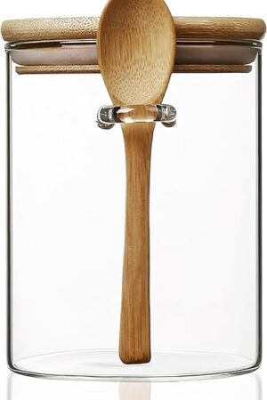 15 oz/450 ml Glass Storage Canister with with Airtight Lid, Cute Clear Decorative Container Jar with Wooden Spoon for Coffee Spice Candy Salt Cookie Condiment Sugar Matcha Tea Overnight Oats