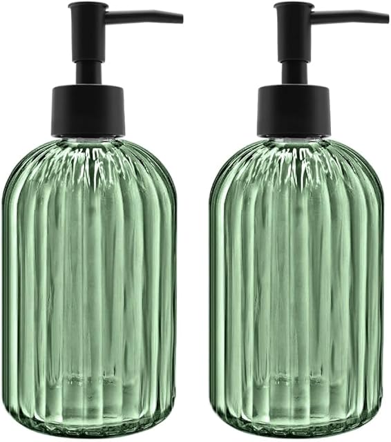 2 Pack 14oz Glass Soap Dispenser with Black Pump – Refillable for Hand Soap, Dish Soap, Lotion, Suited for Kitchen, Bathroom & Laundry Room(Olive Green)