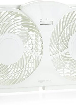 Amazon Basics Window Fans for Home Bedroom, Twin Heads, Cooling Airflow, Exhaust, Expandable Side Panel Basic Control, 2 Speeds, 68W, 9 inch, White