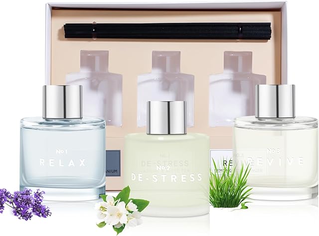 3 Pack Fragrance Reed Diffuser, 50ML Lavender Jasmine Lemongrass Aromatherapy Diffuser Set with 12 Black Fiber Sticks,Air Freshener for Bedroom Bathroom Office, 8.2X 6.6X 2.1 inch
