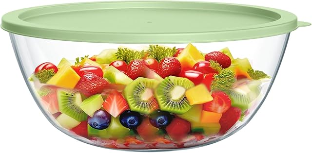 4.7 Quart Large Glass Mixing Bowl with Green Lid, Clear Glass Salad Cooking Bowls for Sourdough Bread Making