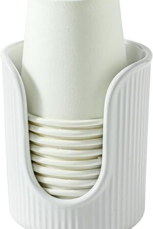 Ceramic Bathroom Cup Dispenser with Stylish Vertical Stripes - Disposable Mouthwash Cup Holder Holds 3-4oz Paper Cups for Rinsing Cups on Bathroom Vanity Countertops (White)
