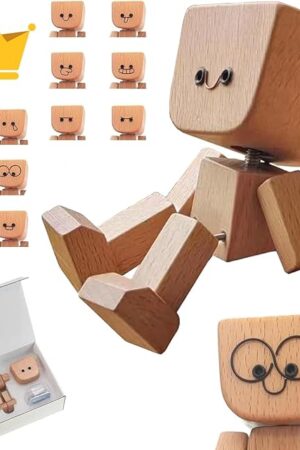 2025 New Shaking Wooden Man Figurine, Handmade Shaking Feet Wooden Car Dashboard Decorations with 12 PCS Magnetic Expressions, Creative Wood Desktop Decor (3IN A)