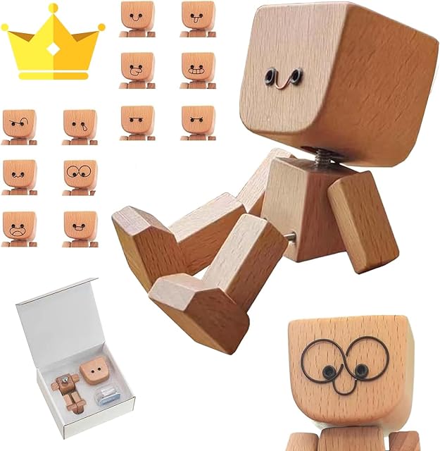 2025 New Shaking Wooden Man Figurine, Handmade Shaking Feet Wooden Car Dashboard Decorations with 12 PCS Magnetic Expressions, Creative Wood Desktop Decor (3IN A)