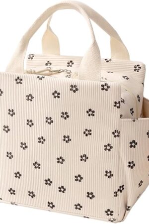 Corduroy Lunch Bag for Women Men Cute Lunch Tote Bags Reusable Insulated Lunch Box Water Bottle Holder Side Pockets Large Capacity Reusable Cooler for Work/Picnic/Travel (Corduroy Blackclub)