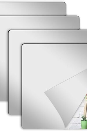 4 Pcs Wall Mirror Tiles, 8 x 8 Inch Self Adhesive Acrylic Square Mirror, Flexible Mirror Sheets Wall Stickers Frameless Small Mirrors Wall Decor Set for Bathroom Home Gym Bedroom
