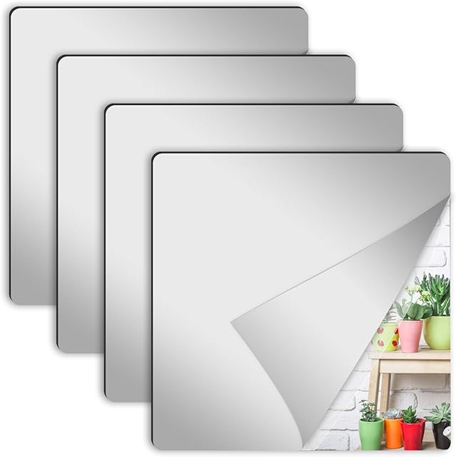 4 Pcs Wall Mirror Tiles, 8 x 8 Inch Self Adhesive Acrylic Square Mirror, Flexible Mirror Sheets Wall Stickers Frameless Small Mirrors Wall Decor Set for Bathroom Home Gym Bedroom