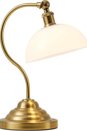 Cordless LED Table Lamp, 180° Swing Arm Desk Lamp, Battery Operated,Dimmable/3 Color, Vintage Rechargeable Table Light for Living Room,Bedroom,Bedside, White Shade, Brass