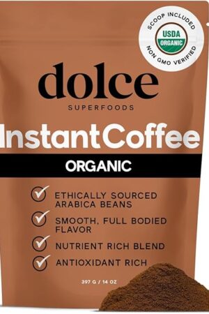 Dolce Superfoods Organic Instant Coffee – USDA Certified, Bold & Smooth Flavor, 14oz Travel-Friendly, No Additives, Non-GMO