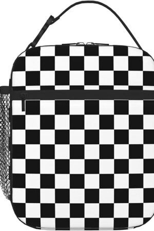 Black White Checkered Insulated Lunch Bag Reusable Cooler Lunch Box Portable Leakproof Thermal Container Tote Bags for Girls Boys School Travel